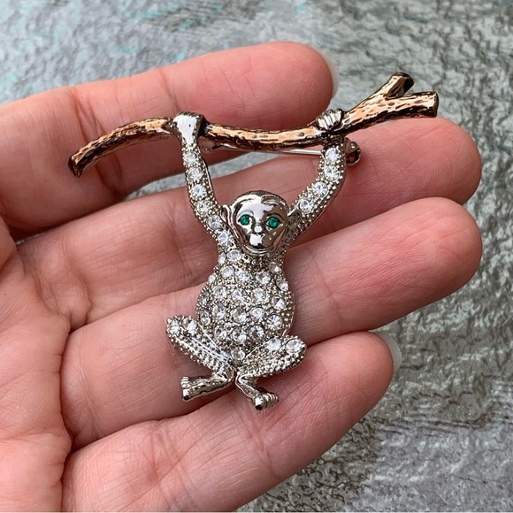 Vintage Jewelry - Vintage Rhinestone Monkey Swinging On A Tree Branch Brooch Gold And Silver Tone